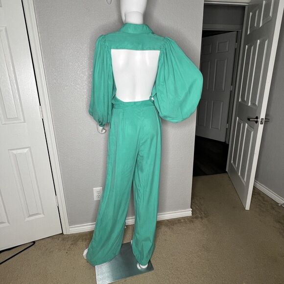 NWT The Kemist Size US 4 Seafoam Green Open Back Wide Leg Jumpsuit Balloon Slv - Picture 7 of 11